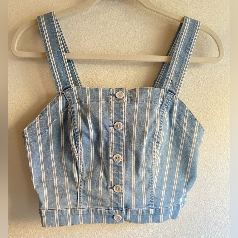 OAT New York Denim Bustier Top Stretch Striped Crop Smocked Button Front NWT